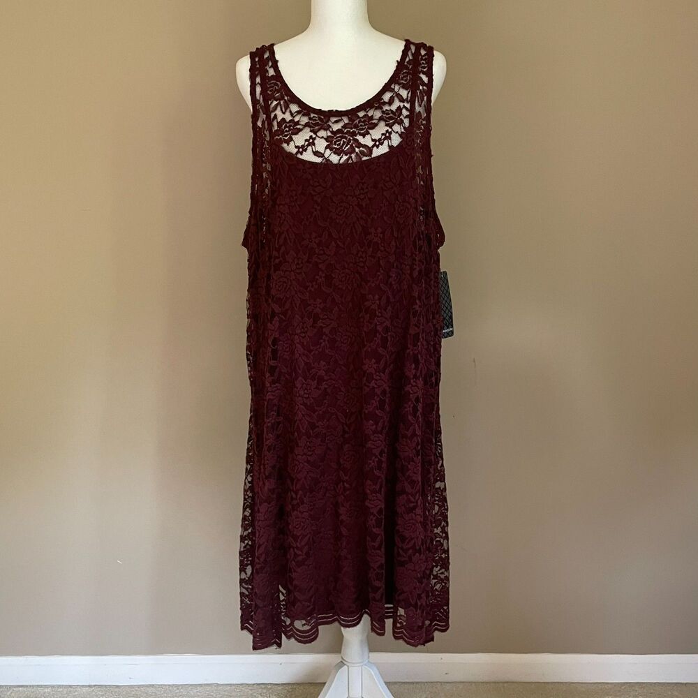 Massini 3X Lace Overlay Sleeveless Midi Dress Wine Asymmetrical Hem Wedding